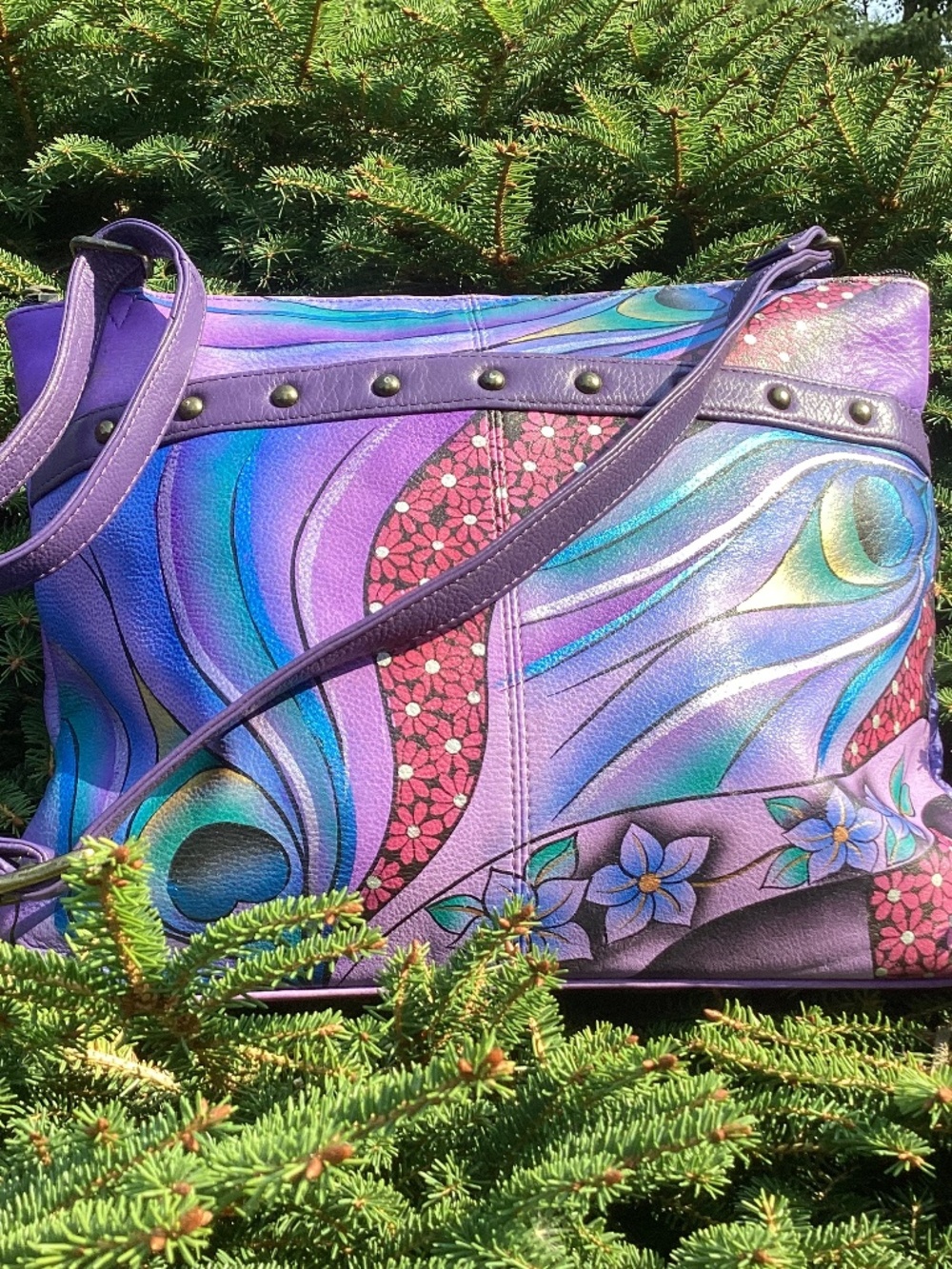 Outstanding Anuschka Purple Peacock Floral Designed Painted Leather Handbag🦋